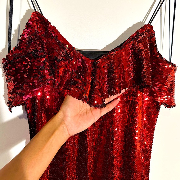 Zara Red Sequin Strappy Mini Ruffle Cocktail Dress Size M (NWOT) - Picture 8 of 10